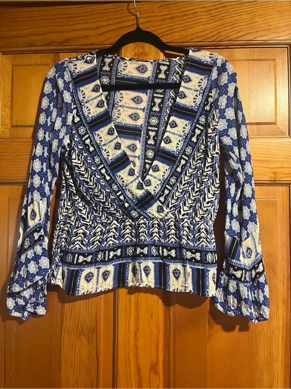 Free People Blue Mixed Print Wrap Blouse Bell Sleeve Boho